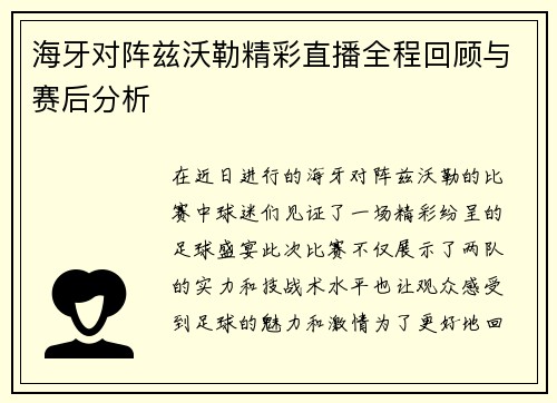 海牙对阵兹沃勒精彩直播全程回顾与赛后分析