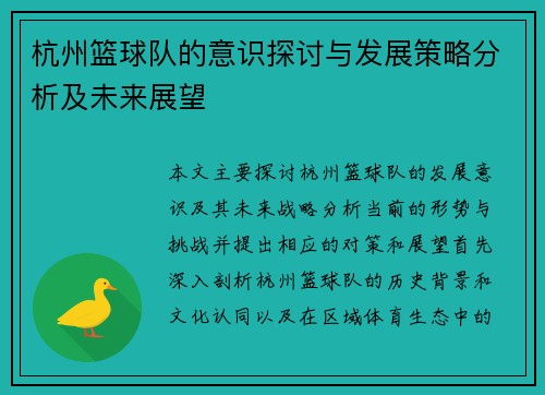 杭州篮球队的意识探讨与发展策略分析及未来展望